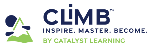 Climb logo with a green mountain graphic and dark blue circles, the text 'CLiMB' and the tagline 'INSPIRE. MASTER. BECOME.' followed by 'BY CATALYST LEARNING' in green.