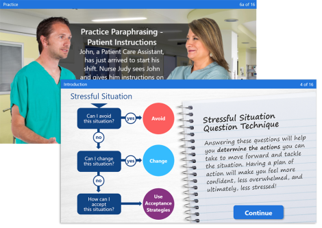 E-learning slide: two clinicians converse in a hospital; bottom shows a flowchart for handling stressful situations with 'Avoid', 'Change', 'Use Acceptance Strategies'.